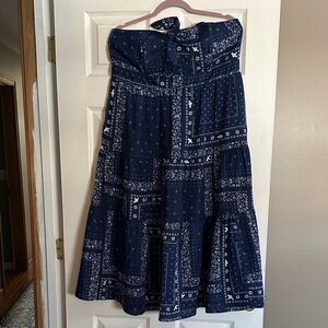 Strapless Navy Blue Bandana Print Dress